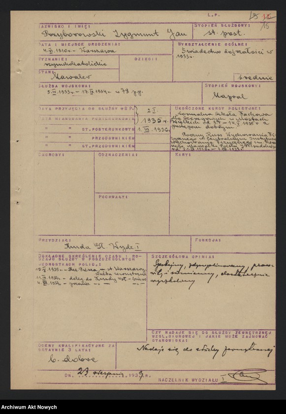 image.from.unit.number "Ewidencja szeregowych Policji Państwowej, zatrudnionych w pracy biurowej w Wydziale I Komendy Głównej Policji Państwowej. Wykazy."