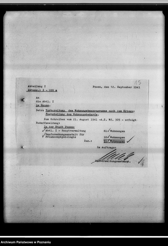 Obraz 20 z jednostki "Vorbereitung des Wohnungsbauprogrammes nach dem Kriege. Feststellung des Wohnungsbedarfes."