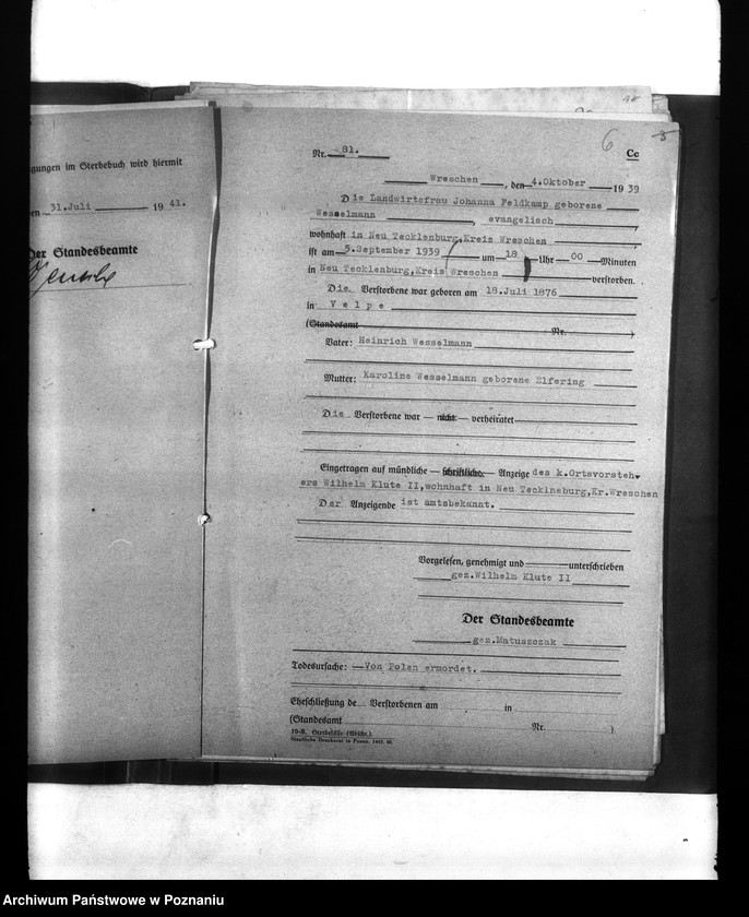 Obraz 10 z jednostki "Wykazy miejscowych Niemców, którzy zginęli w 1939 roku. Kreis Wreschen (Wrzesień)"