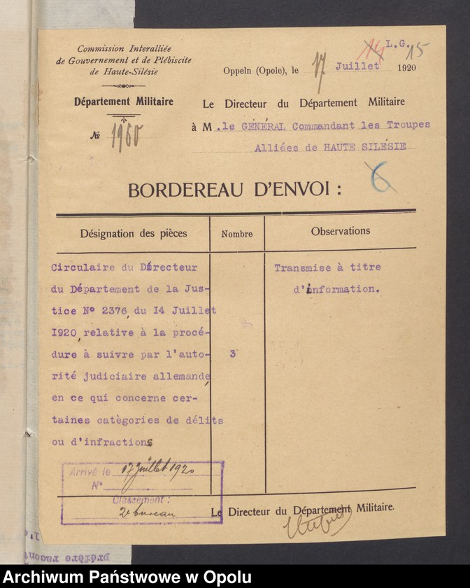 Obraz 17 z jednostki "Commandement Superieur des Forces Alliees en Haute-Silesie-Entrees /Korespondencja wpływająca pochodząca od władz wyższych i jednostek podległych/ 29.06.1920 - 30.10.1920"