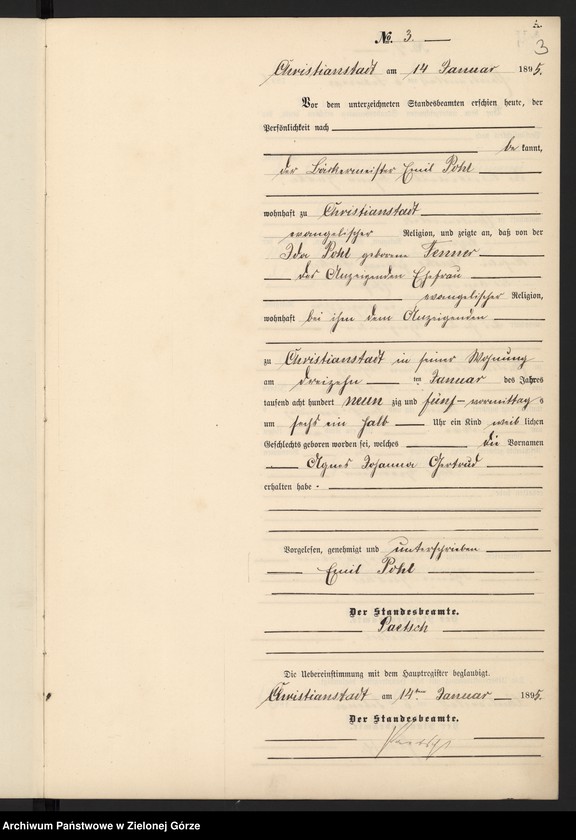 Obraz 6 z jednostki "Geburts-Neben-Register im Standes-Amt Christianstadt Kreis Sorau 1895"