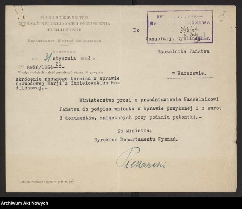 image.from.unit.number "Skrócenie rocznego terminu zapozwu w sprawach rozwodowych, rozpatrywanych przed Sądami Konsystorskimi Ewangelicko - Augsburskim i Ewangelicko - Reformowanym. Reskrypty Naczelnika Państwa, wnioski, korespondencja z Min. Wyznań Religijnych i Oświecenia Publicznego"