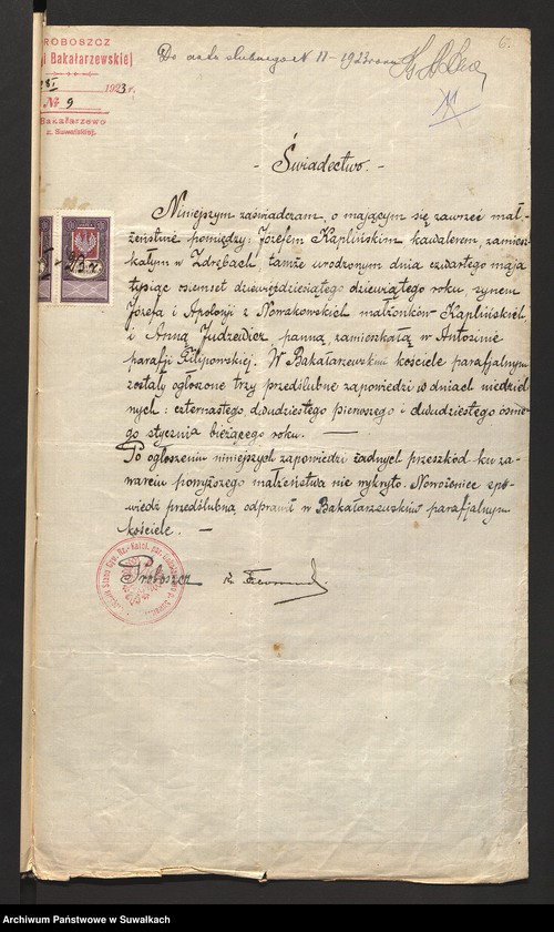 image.from.unit.number "Dokumenty załączone do ślubnych aktów stanu cywilnego w parafji R. Kat. Filipowskiej w roku 1923"