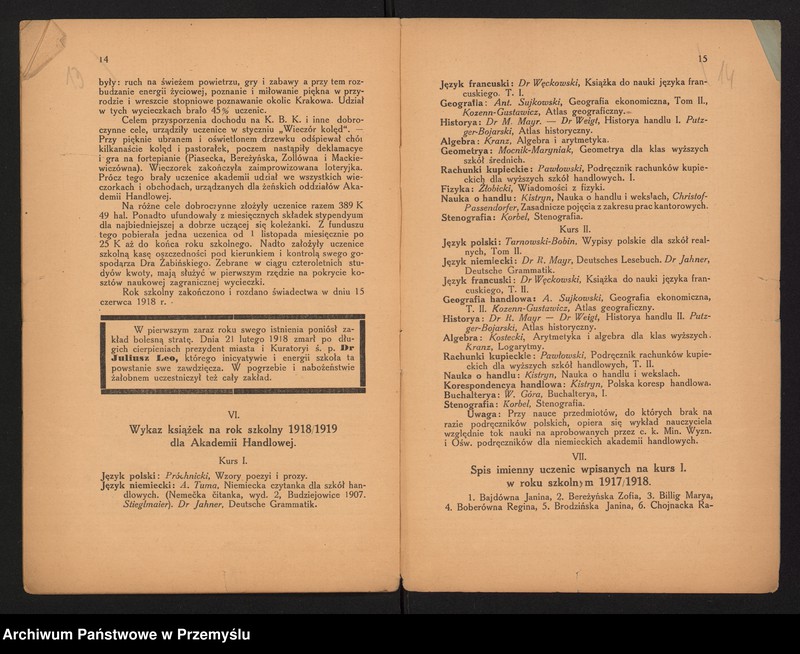 image.from.unit.number "I Sprawozdanie Dyrekcji Pryw[atnej] Wyższej Szkoły (Akademii) Handlowej dla Dziewcząt w Krakowie za rok szkolny 1917/18"
