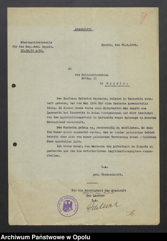 Obraz 17 z jednostki "[Zezwolenie na pobyt - Heinrich Warzecha, ur. 13. 07. 1906 Kudoba pow. oleski]"