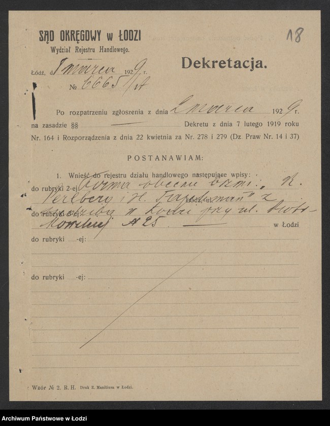 Obraz 20 z jednostki "R.Perlberg i H.Tajchman- kupno i sprzedaż towarów manufakturowych"