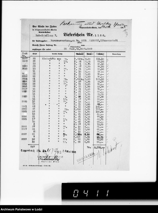 Obraz 7 z jednostki "Firma Otto Sabbert Litzmannstadt IV Warenverwertung an den Juden-Ältesten. Kinderhüte, Mützen"