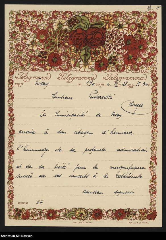 Obraz 13 z jednostki "Municiapalité de Vevey; Załączniki: a) zaproszenia; b) wycinek prasowy; c) 2 fotografie Bulwaru I. J. Paderewskiego; L.19 (odpowiedzi - rękopisy)"