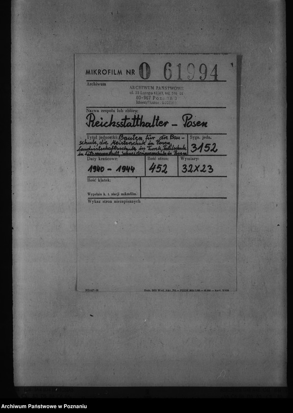 Obraz 2 z jednostki "Buten für die Bauschule, die Meisterschule in Posen, Landwirtschaftsschule in Turek, Textilschule in Litzmannstadt, Schniederinnenschule in Posen"