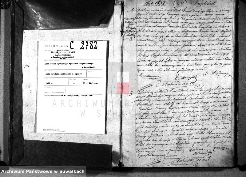 image.from.unit.number "Duplikat Akta Urzędnika Stanu Cwilnego Wyznania Moyżeszowego Okręgu Suwalskiego Urodzonych, Zaślubionych i Zmarłych z roku 1832"