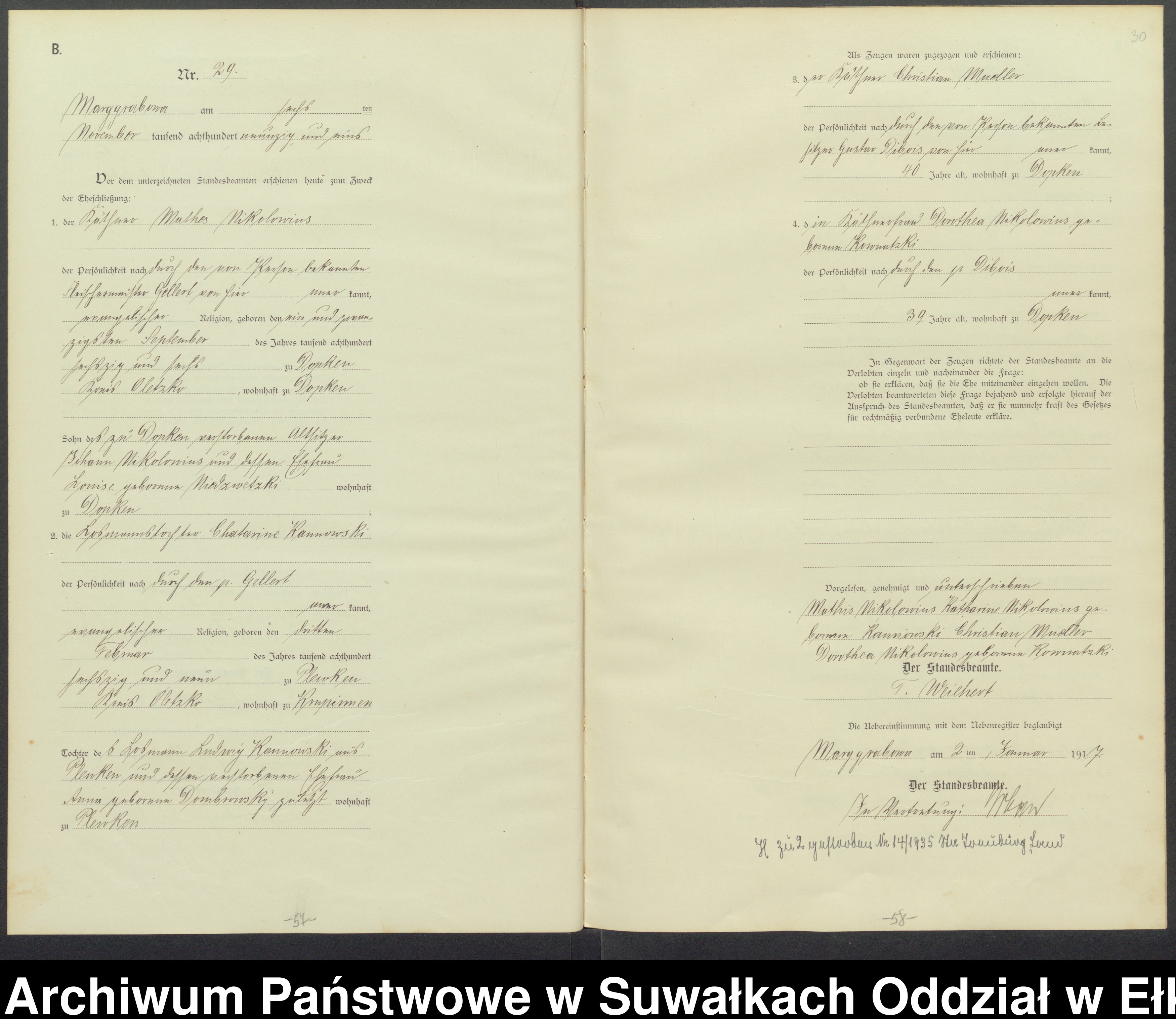 Skan z jednostki: B1.Heiraths-Register (Haupt-Register)Standesamt Marggrabowa Landbezirk vol.I No1 bis 50