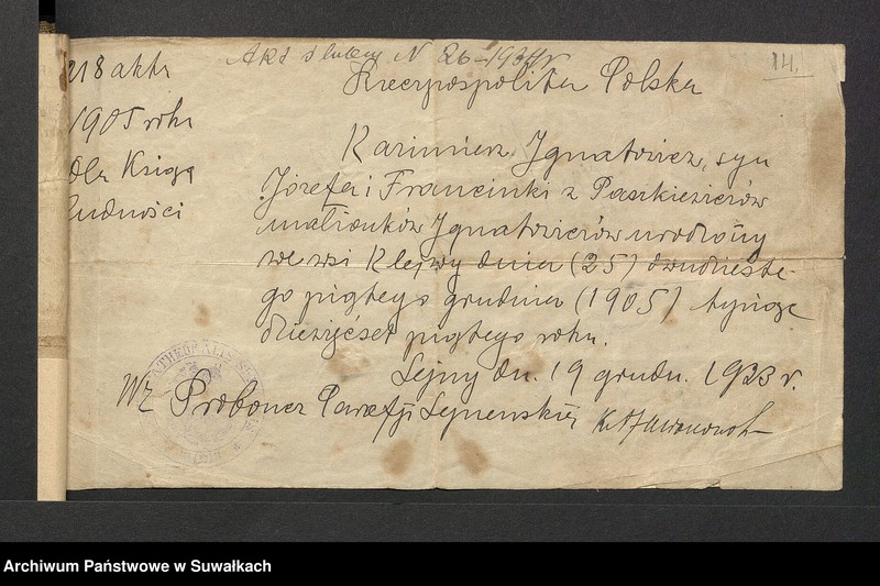 image.from.unit.number "Dokumenty przedstawione do aktów ślubnych w parafji rzymsko-katolickiej Puńsk w roku 1934"