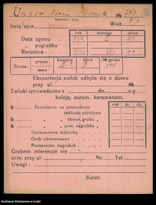 Obraz 17 z jednostki "Kartoteka osób pochowanych na cmentarzu żydowskim przy ulicy Brackiej w latach 1892-1944. Nazwiska na literę U"