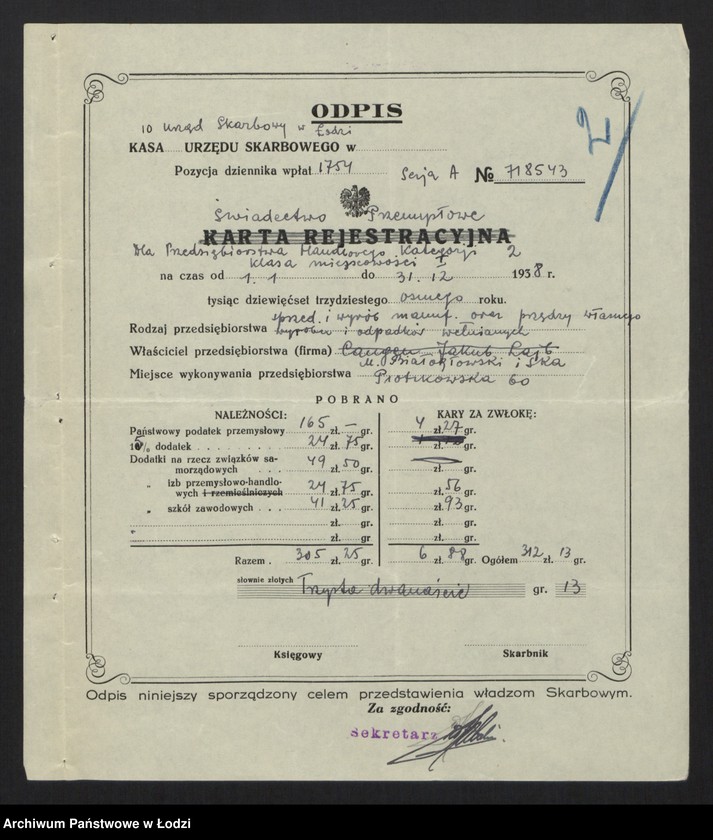 Obraz 4 z jednostki "Majer Abram Białogłowski, Jakub Lejb Caugen- wyrób i sprzedaż manufaktury"