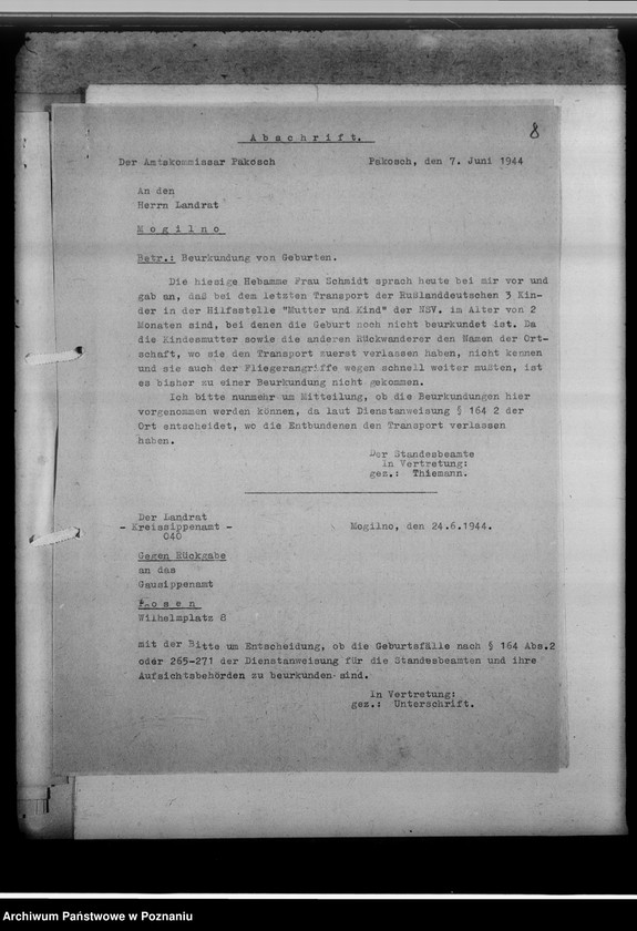 Obraz 13 z jednostki "Bevölkerungspolitische Angelegenheiten [korespondencja, odpisy aktów stanu cywilnego]"