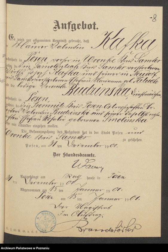 Obraz 10 z jednostki "Die von den Verlobten beigebrachten Urkunden zur Eheschliessung pro 1901. Vol II"