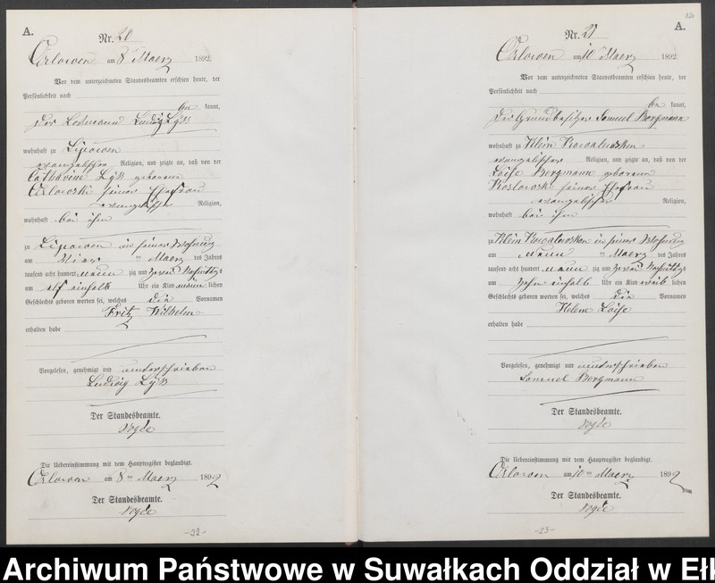 image.from.unit.number "Geburts-Neben-Register des Preussischen Standes-Amtes Orlowen Kreis Loetzen für das Jahr 1892"