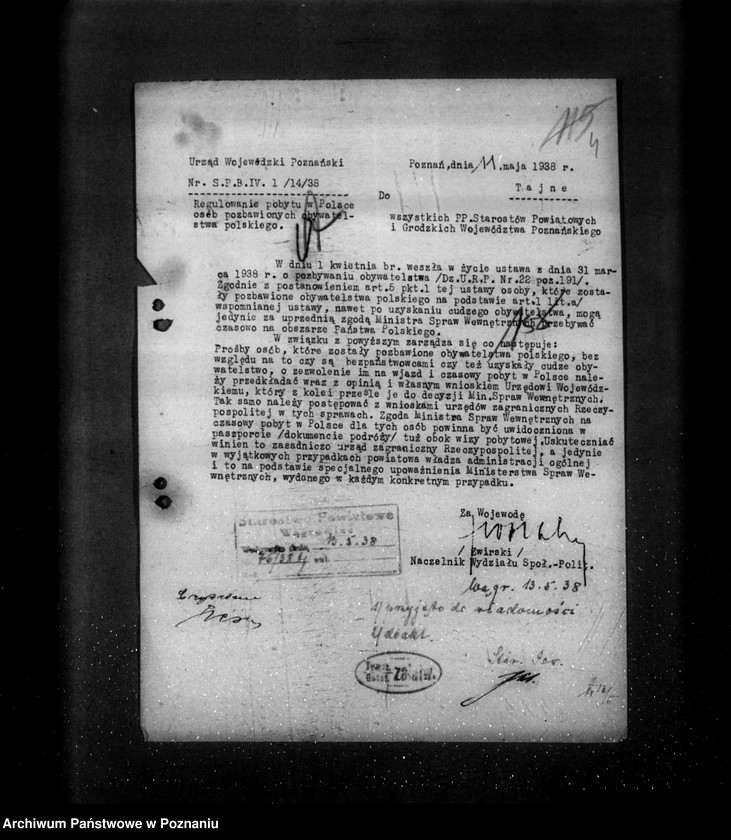 Obraz 8 z jednostki "/Regulowanie pobytu w Polsce obywateli państw obcych- uchodźców, osób pozbawionych obywatelstwa polskiego itp.. /generalia, akta tajne/"