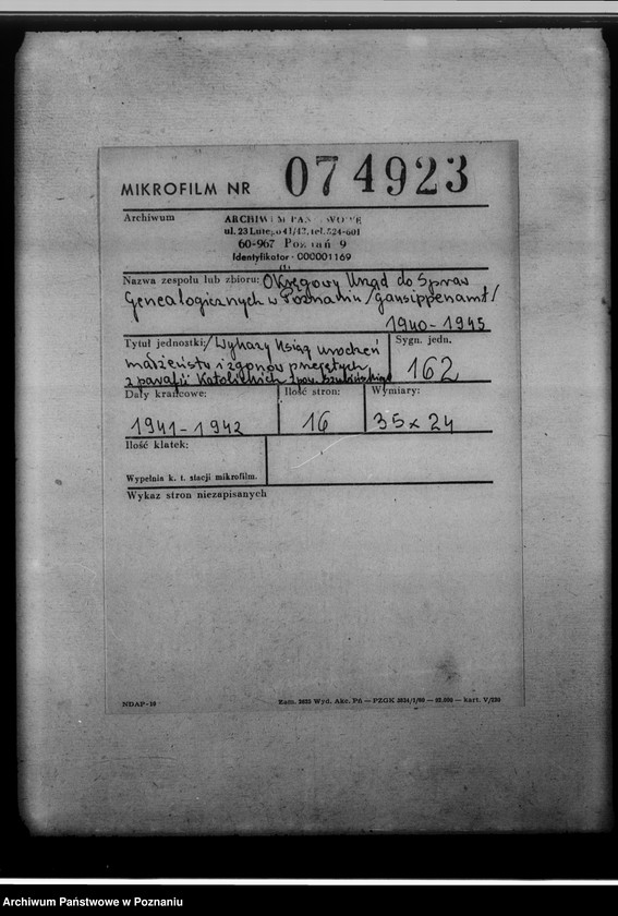 Obraz 2 z jednostki "[Wykaz ksiąg urodzeń, małżeństw i zgonów przejętych z parafii katolickich z powiatu szubińskiego]"