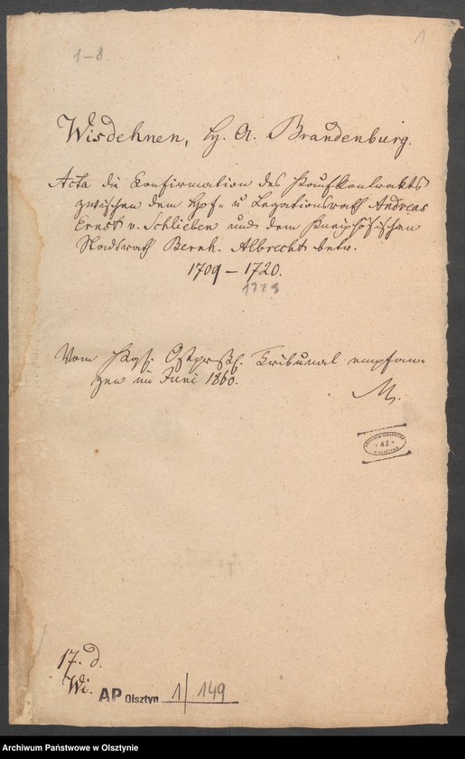 image.from.unit.number "Wisdehnen, H.[Haupt] A. [Amt] Brandenburg [Pokarmin]. Acta die Confirmaion des Kaufkontrakts zwischen dem Hof=und Legationsrath Andreas Ernst v. [von] Schlieben und dem Könighöfischen Stadtrath Bernh. [ Bernhard] Albrecht"