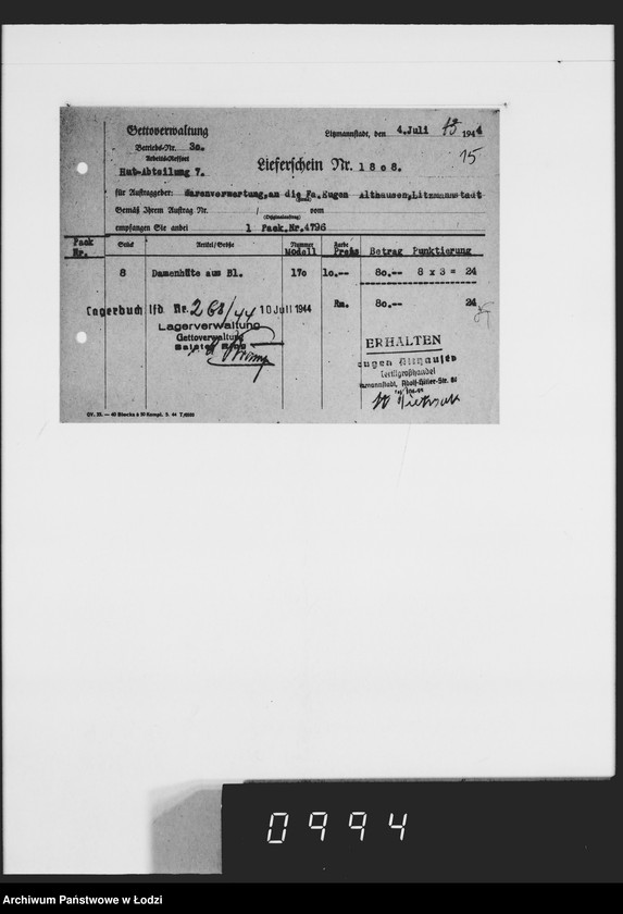 Obraz 19 z jednostki "Auftrag 5919. Damen-Hüte für F-ma Eugen Althausen Litzmannstadt"