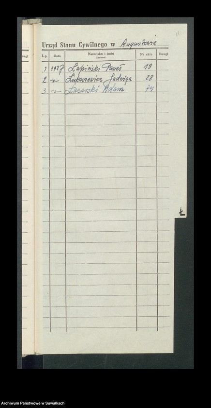 image.from.unit.number "Zgon Urząd Stanu Cywilnego w Augustowie Skorowidz Alfabetyczny rok 1927"