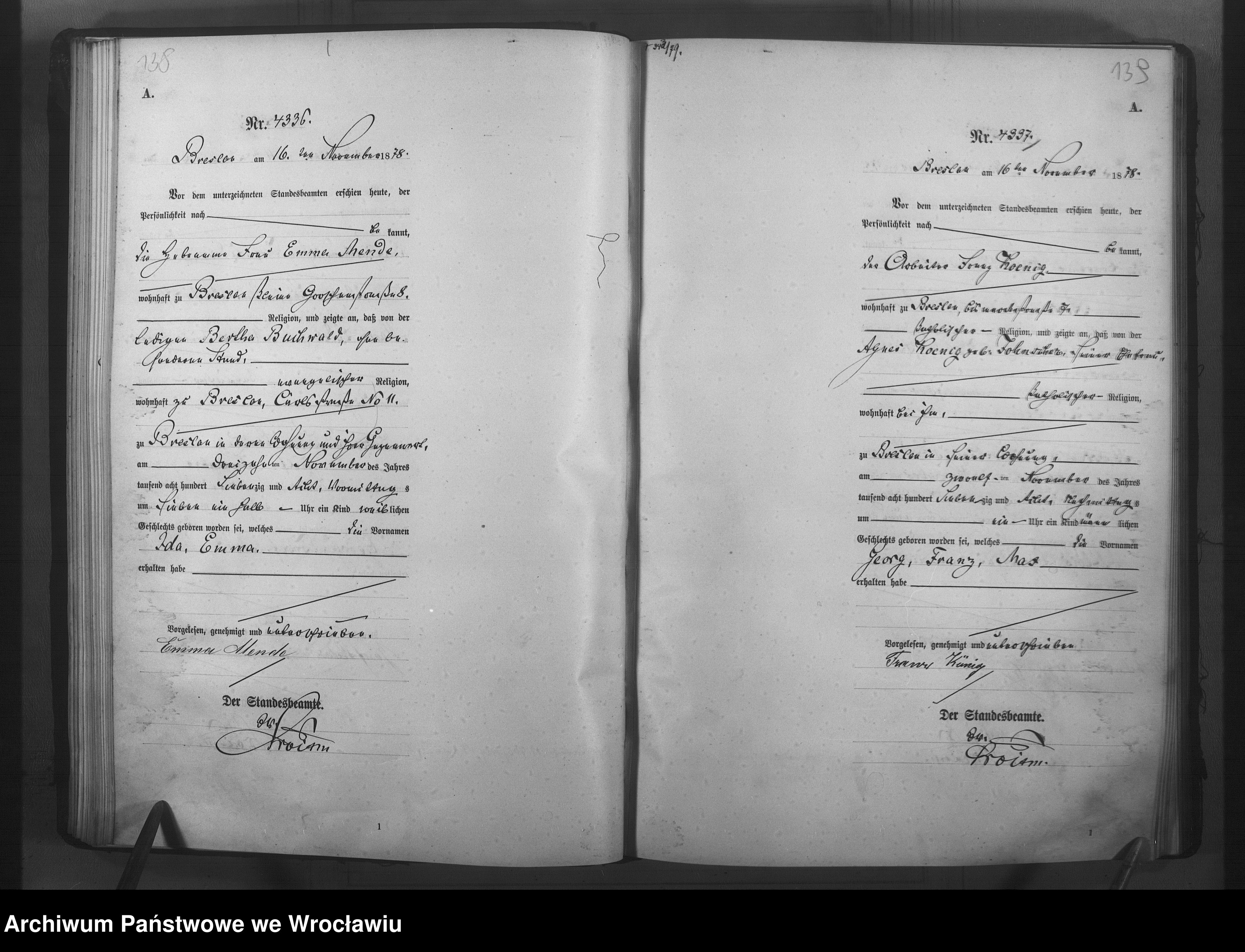 Skan z jednostki: Geburts-Haupt-Register Breslau I 1878 Band 9