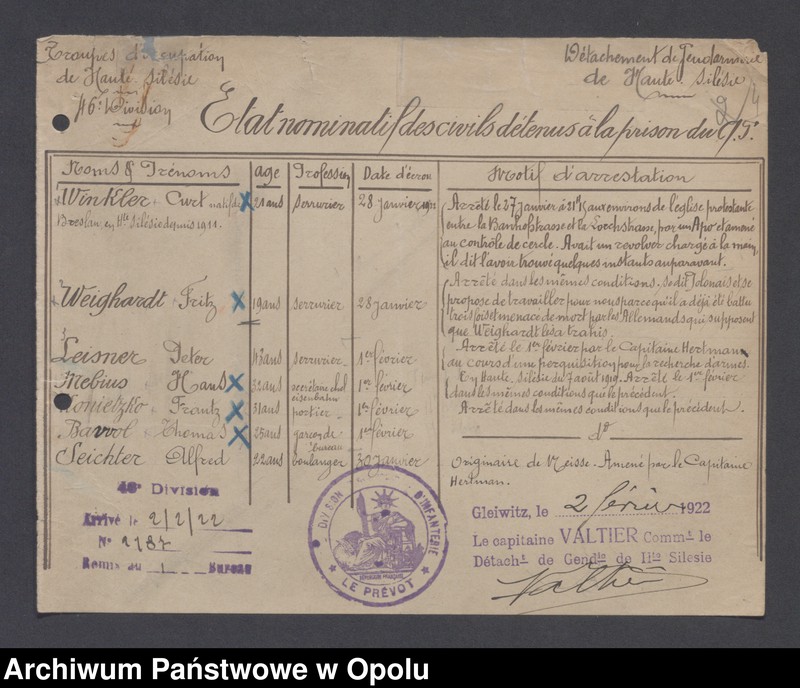 image.from.unit.number "Arrestation /Korespondencja dotycząca stanu wyjątkowego na Górnym Śląsku - aresztowania, listy imienne więźniów/ 2.02.-10.03.1922"