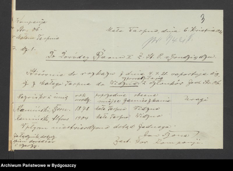 image.from.unit.number "Raporty [ze spisami dowódców kompanii ZSO w Małym Tarpnie i Królewskiej Dąbrówce przesłane do dowódcy Baonu II Zachodniej Straży Obywatelskiej powiatu Grudziądz-Wieś]"