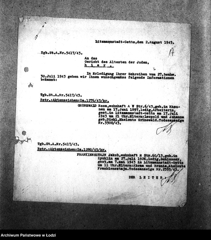 Obraz 20 z jednostki "[Korespondencja z Sądem w sprawach danych personalnych ludności getta (zmarłej)]"