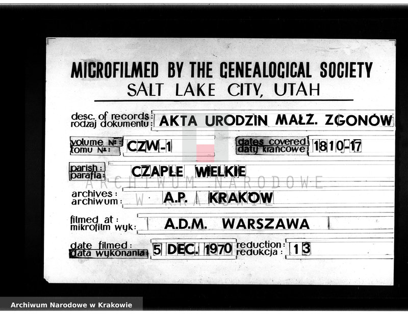 Obraz z zespołu "Akta stanu cywilnego Parafii Rzymskokatolickiej w Czaplach Wielkich"