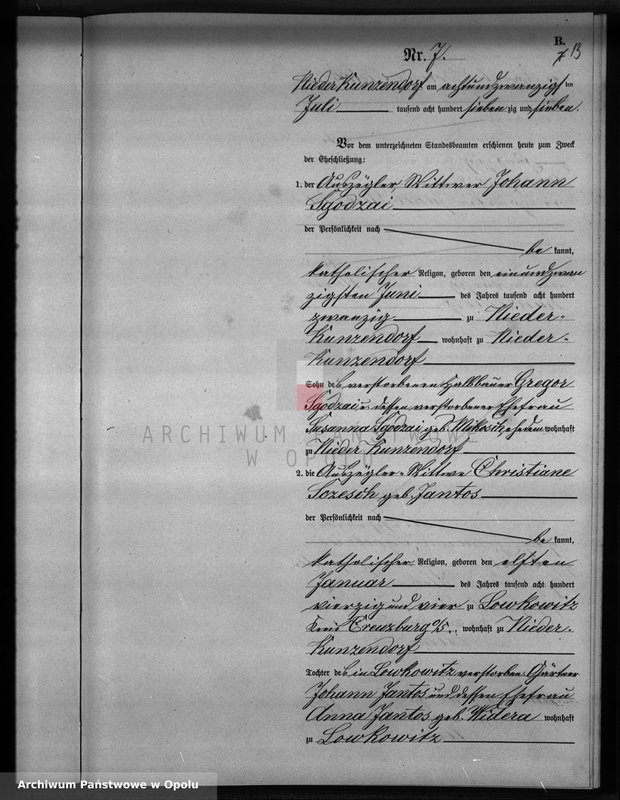 Obraz 17 z jednostki "Heiraths-Neben-Register Standesamts Kunzendorf pro 1877"