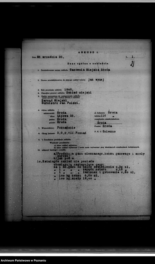 Obraz 6 z jednostki "Kwestionariusz Gazowni Miejskiej w Środzie"