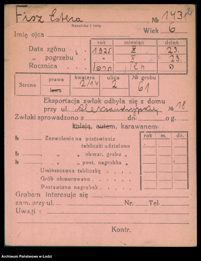 Obraz 3 z jednostki "Kartoteka osób pochowanych na cmentarzu żydowskim przy ulicy Brackiej w latach 1892-1957. Nazwiska na litery: Fisz-For"