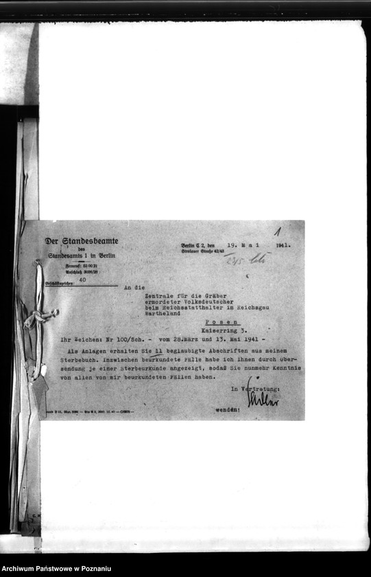 Obraz 5 z jednostki "Schriftwechsel mit Berlin- z Urzędu Stanu Cywilnego i Min. Spraw Wewnętrznych - w sprawie wystawienia świadectw zgonu"