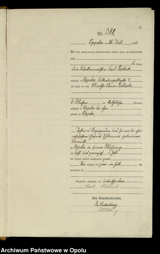 Obraz 6 z jednostki "Urząd Stanu Cywilnego w Opolu 1902 Rejestr zgonów Księga Miejscowa Nr 378 do 633"