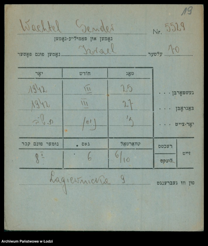 Obraz 20 z jednostki "Kartoteka osób pochowanych na cmentarzu żydowskim przy ulicy Brackiej w latach 1892-1953. Nazwiska na litery: Wac-Wajng"