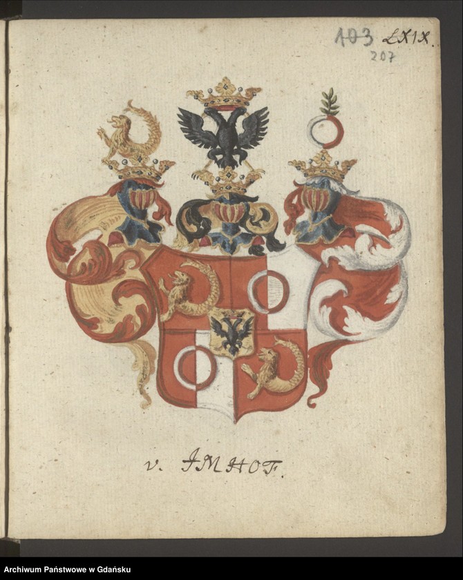 Obraz z jednostki "Johann Heinrich Dewitz, Armarium elbingense oder elbingensches Wappen- Buch [XIII - XIX w.] Zawiera ryciny herbów rodzin elbląskich, herb miasta Elbląga, Polski i Prus"
