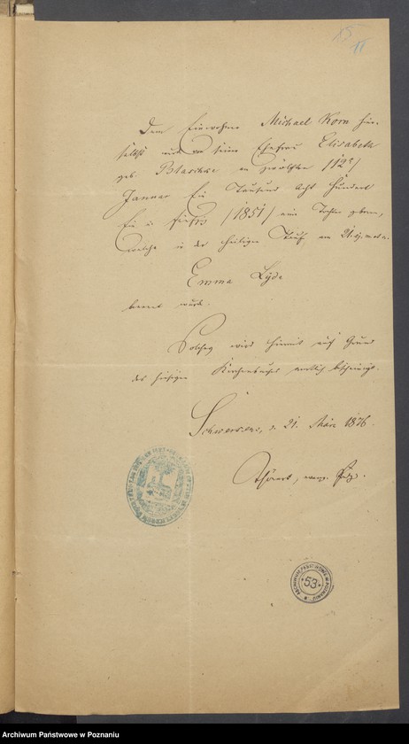 Obraz 17 z jednostki "Die von den Verlobten beigebrachten Urkunden zur Eheschliessung pro 1876"