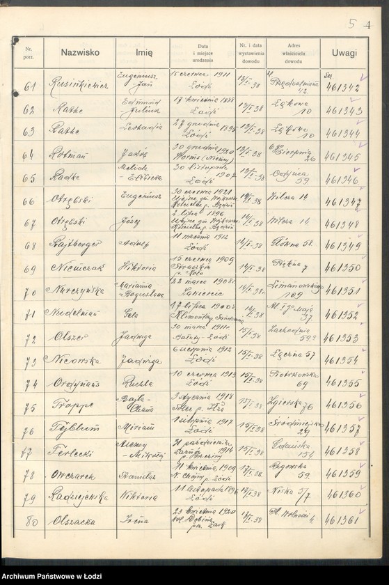 Obraz 7 z jednostki "Ewidencja dowodów osobistych wydanych przez Zarząd Miejski w Łodzi, zespół nr 6 [- nazwiska na litery N, O, R, T]"