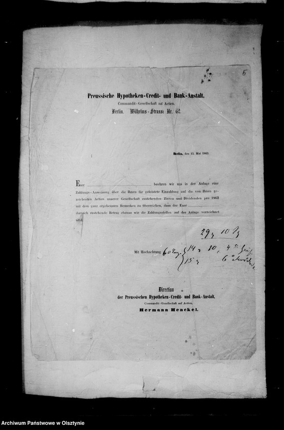 image.from.unit.number "/Akten betr. Geldgeschäfte der Lehndorff mit der Hermann Henckelschen Commandit- Gesellschaft der Preuss. Hypotheken- , Cerdit- u. Bank Anstalt Berlin/"