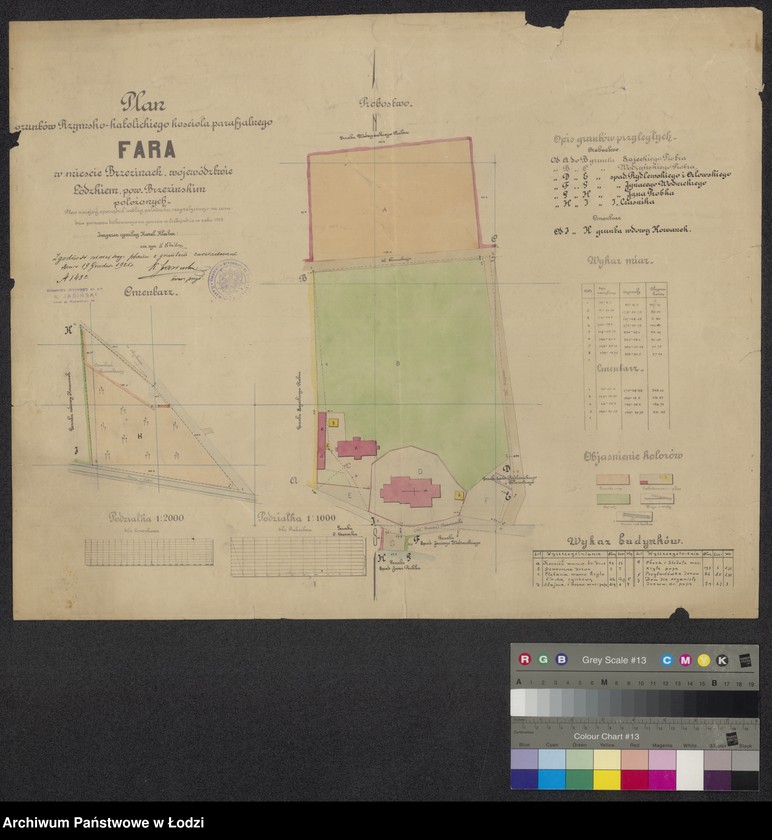 Obraz 1 z jednostki "Plan gruntów Rzymsko-Katolickiego kościoła parafialnego Fara w mieście Brzezinach ..."
