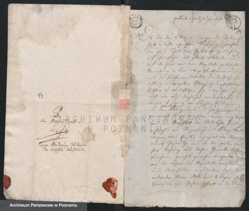 Obraz 13 z jednostki "Korespondencja, zarządzenia, wyroku władzy zwierzchniej miasta Leszna tj. Ant. Sułkowskiego i jego urzędników w sprawach administracyjno - porządkowych, finansowych i spornych; język niemiecki"