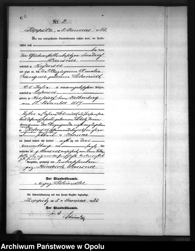 Obraz 5 z jednostki "Sterbe-Neben-Register Standesamts Koppitz pro 1883"