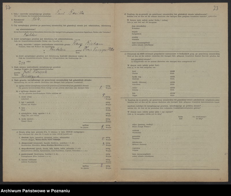Obraz 19 z jednostki "[Kwestionariusze dotyczące stwierdzenia gruntów znajdujących się po niemieckiej stronie pogranicza a zarządzanych przez zamieszkałych po stronie polskiej] powiat kościański"