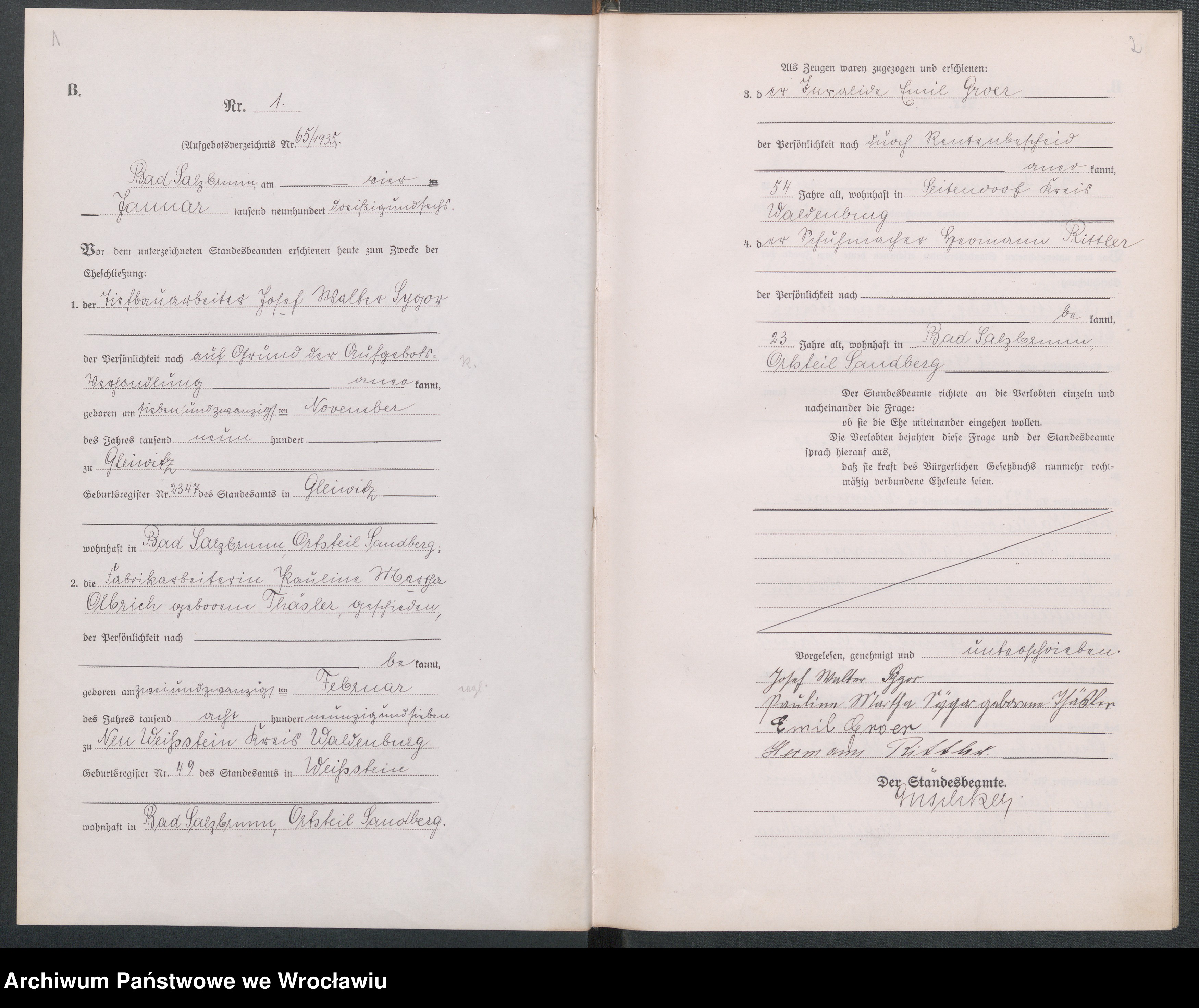 Skan z jednostki: Heirats Haupt Register Standesamt Bad Salzbrunn 1936