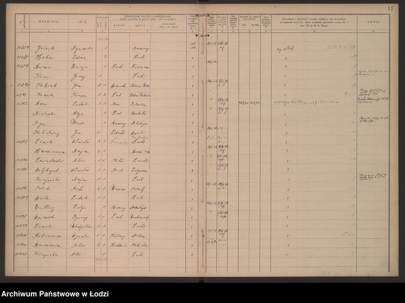 Obraz 14 z jednostki "Księga kontroli ruchu ludności (rejestr osób przybywających do gminy) Łódź, komisariat VIII, ks. V, nr 11249-11615"