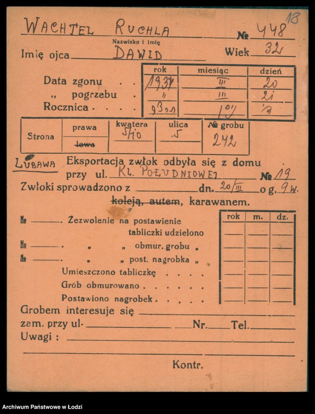 Obraz 19 z jednostki "Kartoteka osób pochowanych na cmentarzu żydowskim przy ulicy Brackiej w latach 1892-1953. Nazwiska na litery: Wac-Wajng"