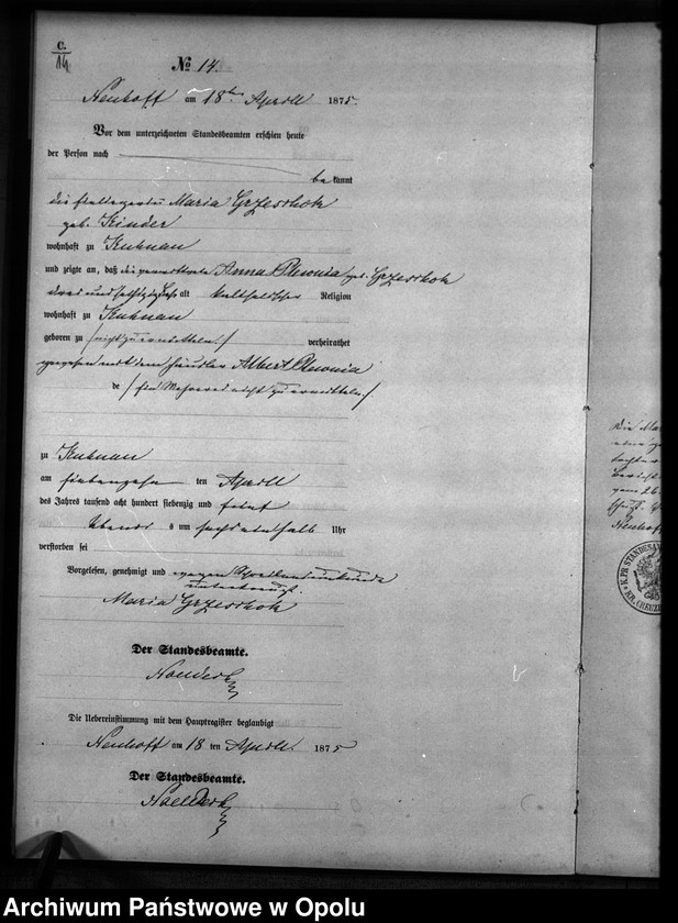 Obraz 17 z jednostki "Sterbe-Neben-Register Standesamts Kuhnau pro 1875"