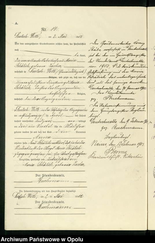 Obraz 18 z jednostki "Geburts-Neben-Register des Standesamts Deutsch Wette pro 1902"